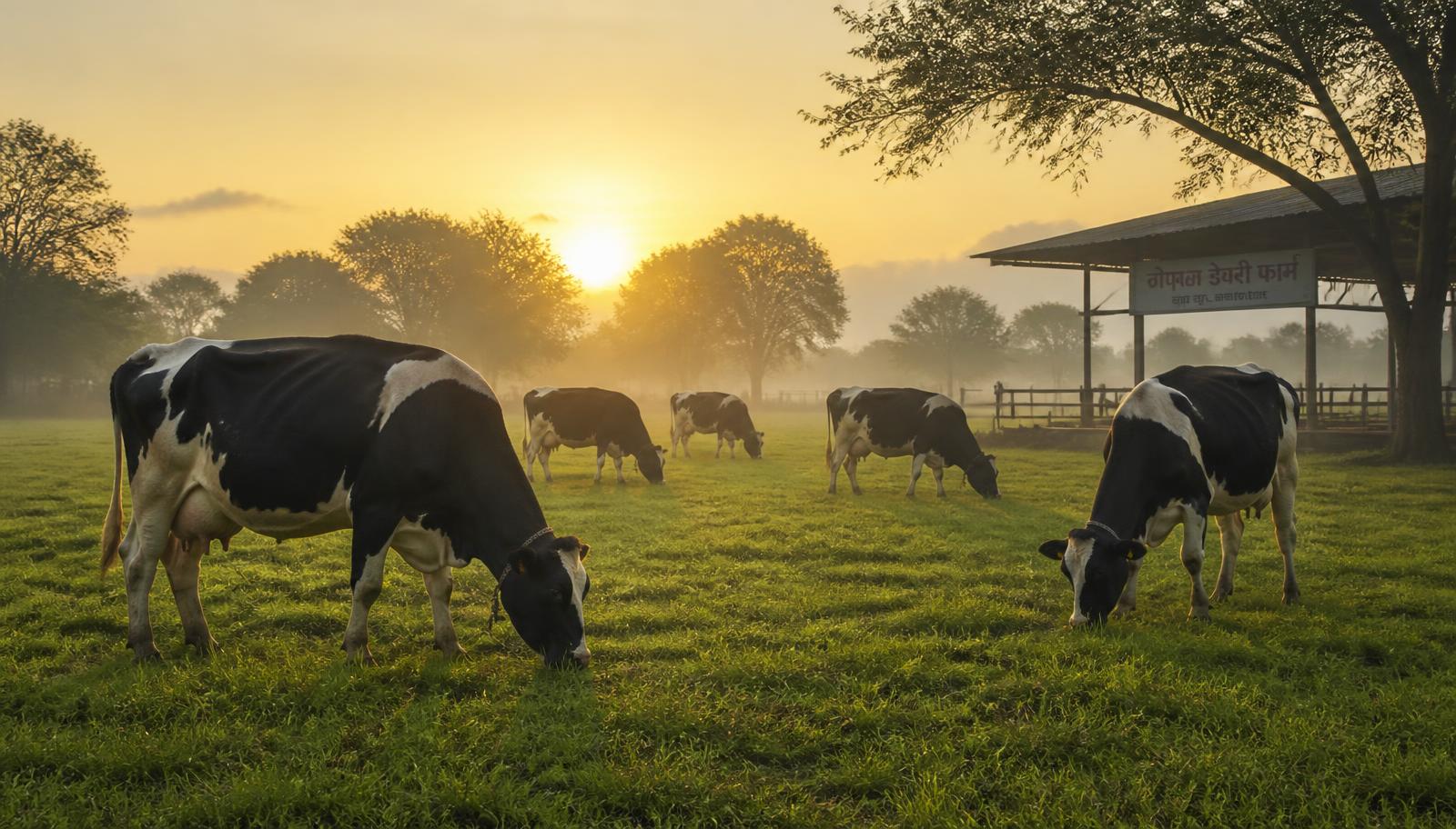Cows grazing on a green pasture at sunrise