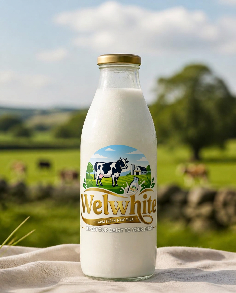 Welwhite 1 litre glass milk bottle with golden cap in a green pasture